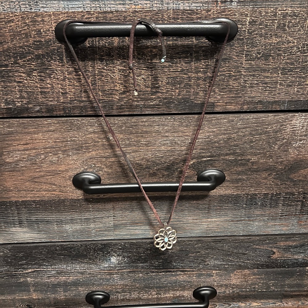 Lucky Brand Leather Necklace with Turquoise and Silver Pendant